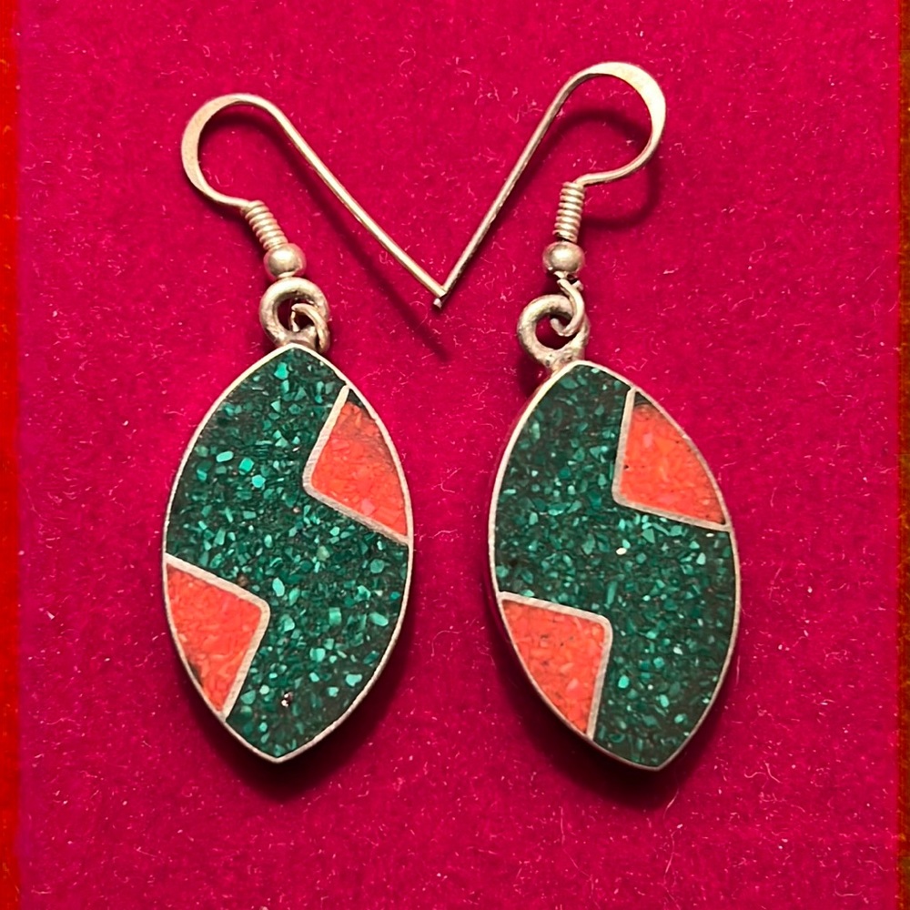 925 silver green stone earrings ( possibly malachite) - from estate